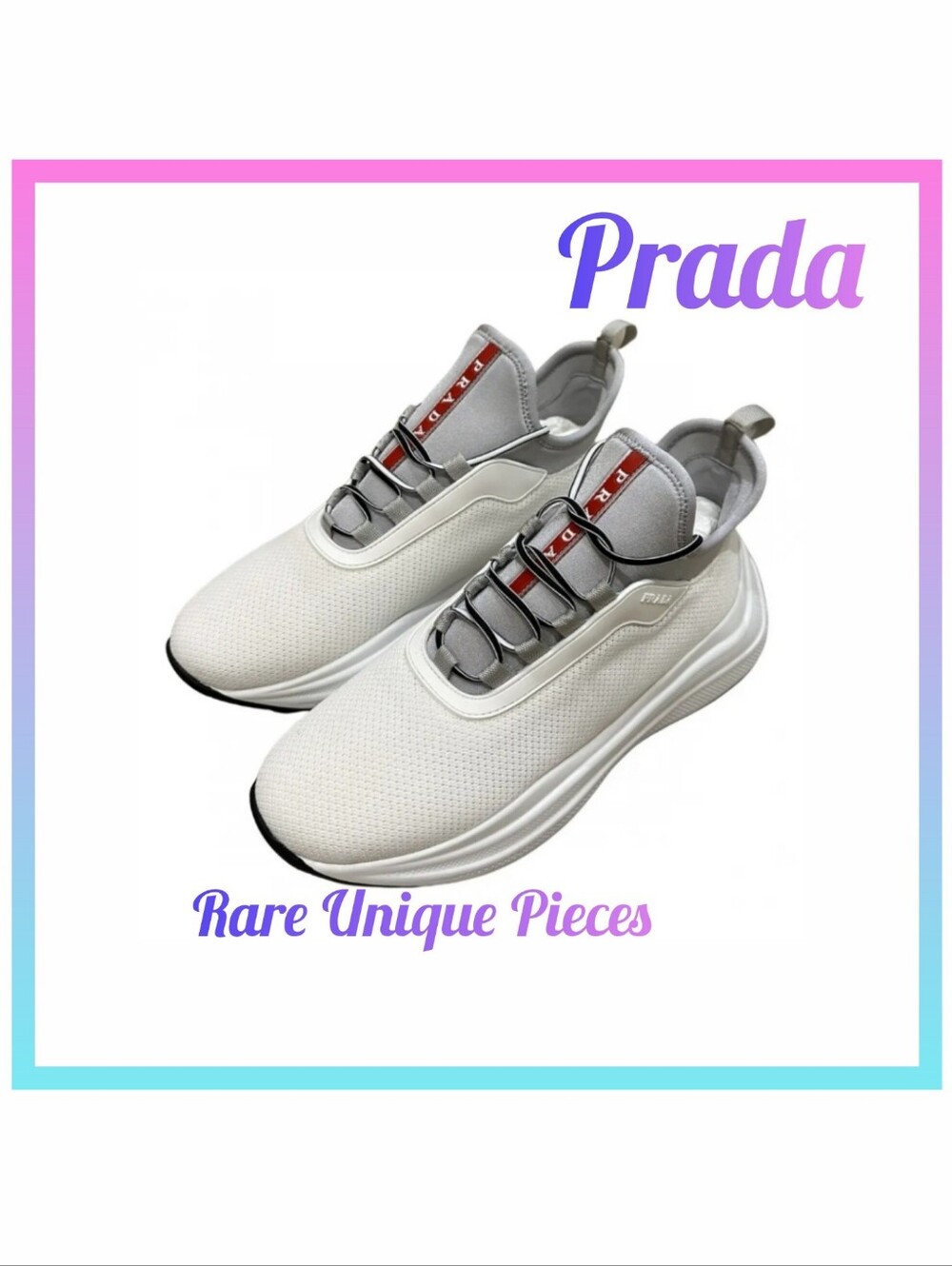 USED Prada White Knit Sneakers with Red Center Stripe